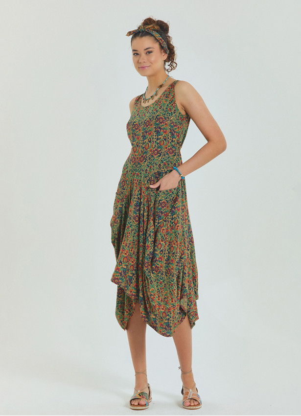 Pera Patterned Sleeveless Paisley Tie Waist Dress